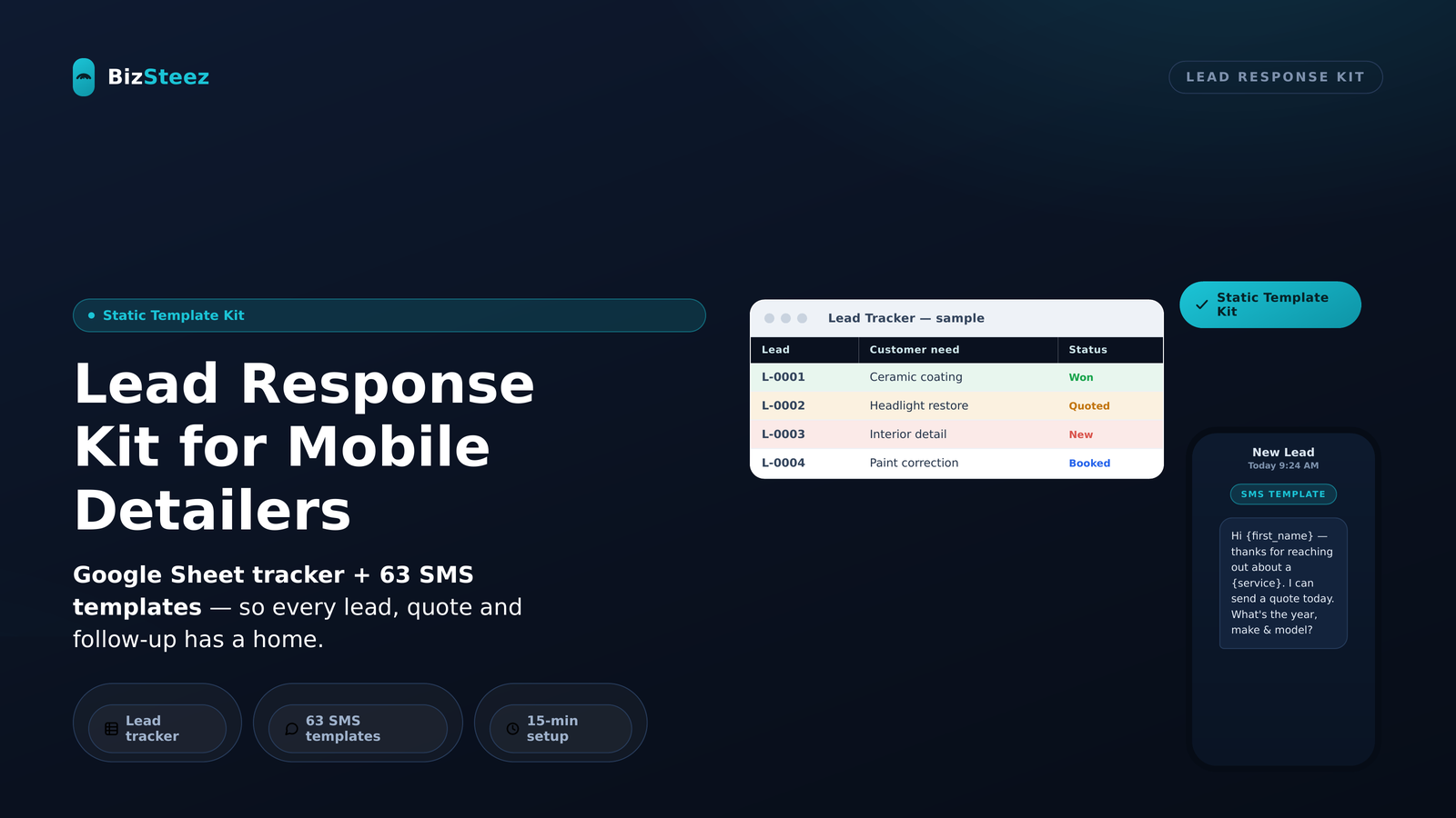 BizSteez Lead Response Kit — Lead Tracker spreadsheet and SMS template preview